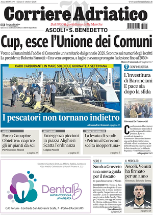 Prima pagina Corriere Adriatico (Ascoli) di oggi - Quotidiano regionale
