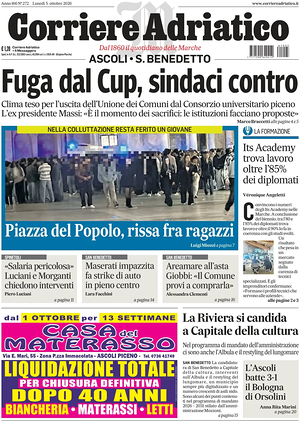Prima pagina Corriere Adriatico (Ascoli) di oggi - Quotidiano regionale