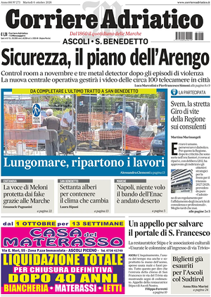 Prima pagina Corriere Adriatico (Ascoli) di oggi - Quotidiano regionale