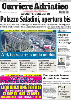 Prima pagina Corriere Adriatico (Ascoli) di oggi - Quotidiano regionale