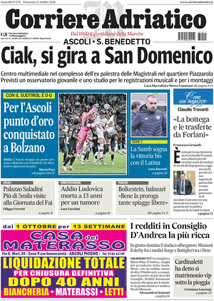 Prima pagina Corriere Adriatico (Ascoli) di oggi - Quotidiano regionale