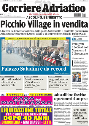 Prima pagina Corriere Adriatico (Ascoli) di oggi - Quotidiano regionale
