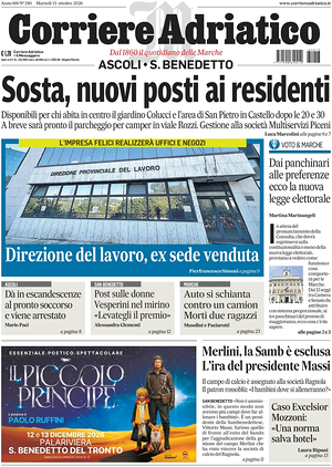 Prima pagina Corriere Adriatico (Ascoli) di oggi - Quotidiano regionale
