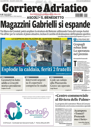 Prima pagina Corriere Adriatico (Ascoli) di oggi - Quotidiano regionale