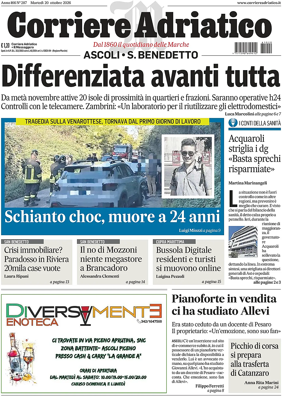 Prima pagina Corriere Adriatico (Ascoli) di oggi - Edicola 20 Ottobre 2026
