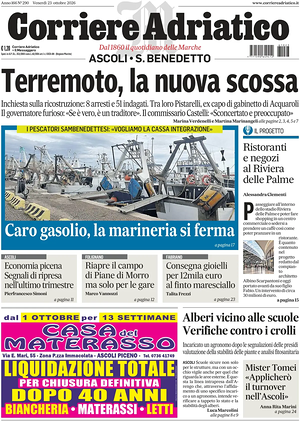 Prima pagina Corriere Adriatico (Ascoli) di oggi - Quotidiano regionale