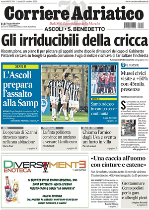 Prima pagina Corriere Adriatico (Ascoli) di oggi - Quotidiano regionale