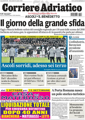 Prima pagina Corriere Adriatico (Ascoli) di oggi - Quotidiano regionale