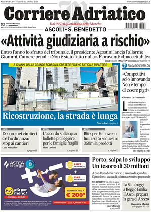 Prima pagina Corriere Adriatico (Ascoli) di oggi - Quotidiano regionale