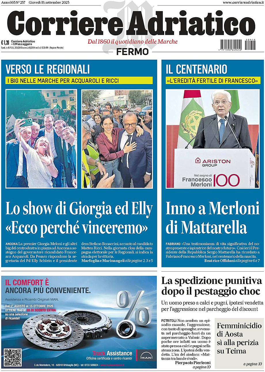 Prima pagina Corriere Adriatico (Fermo) di oggi - Edicola 18 Settembre 2025