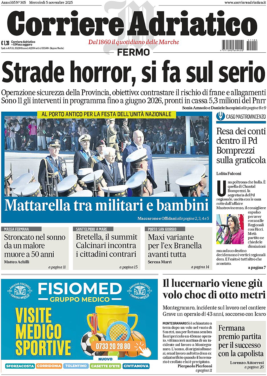 Prima pagina Corriere Adriatico (Fermo) di oggi - Edicola 5 Novembre 2025