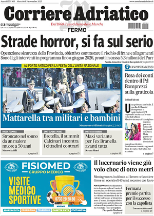 Prima pagina Corriere Adriatico (Fermo) di oggi - Quotidiano regionale