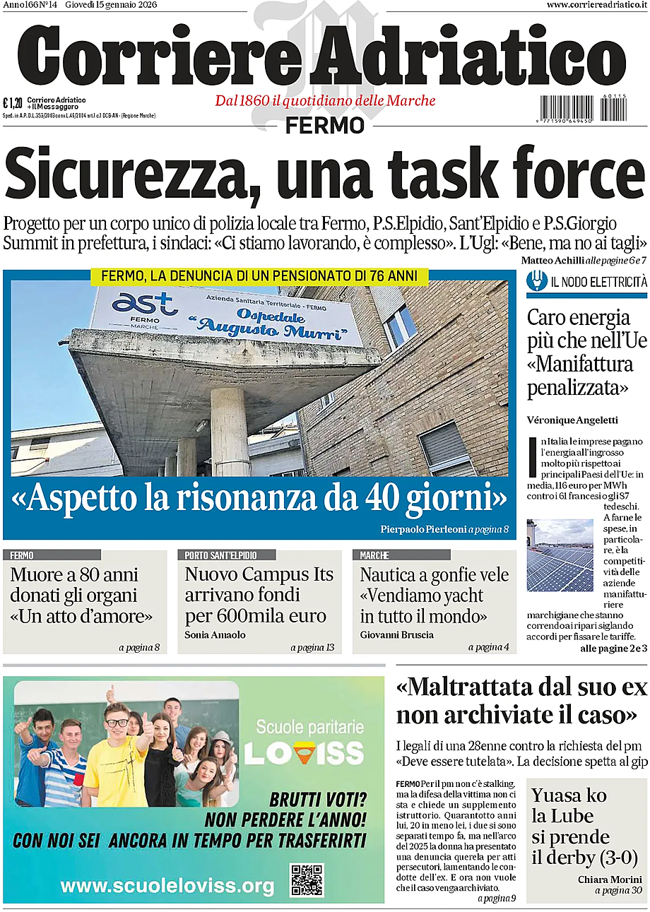 Prima pagina Corriere Adriatico (Fermo) di oggi - Edicola 15 Gennaio 2026