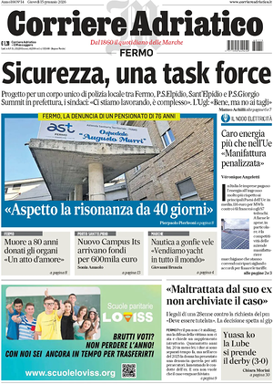 Prima pagina Corriere Adriatico (Fermo) di oggi - Quotidiano regionale