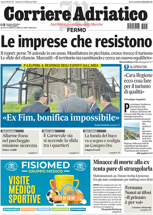 Prima pagina Corriere Adriatico (Fermo) di oggi - Quotidiano regionale