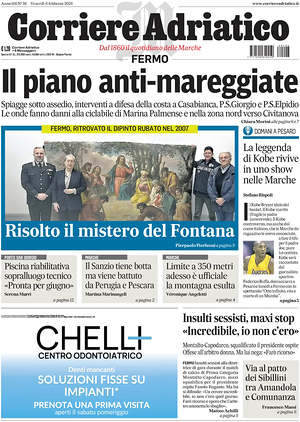 Prima pagina Corriere Adriatico (Fermo) di oggi - Quotidiano regionale