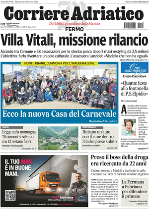 Prima pagina Corriere Adriatico (Fermo) di oggi - Quotidiano regionale