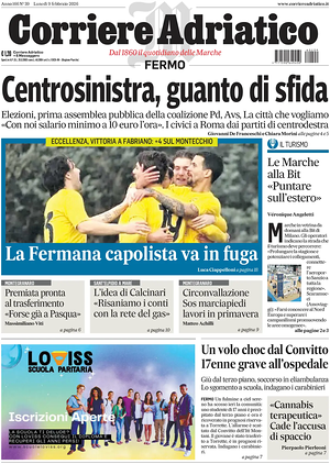 Prima pagina Corriere Adriatico (Fermo) di oggi - Quotidiano regionale