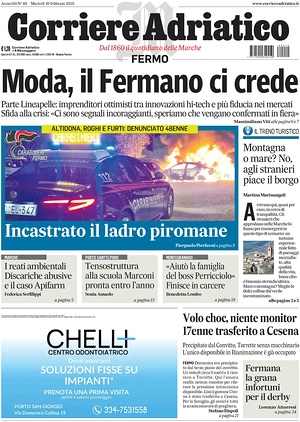 Prima pagina Corriere Adriatico (Fermo) di oggi - Quotidiano regionale