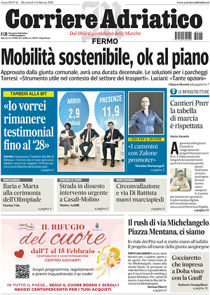 Prima pagina Corriere Adriatico (Fermo) di oggi - Quotidiano regionale