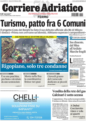 Prima pagina Corriere Adriatico (Fermo) di oggi - Quotidiano regionale