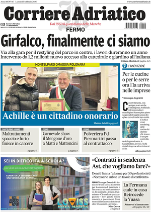 Prima pagina Corriere Adriatico (Fermo) di oggi - Quotidiano regionale