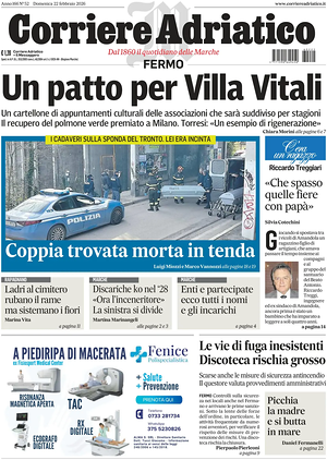 Prima pagina Corriere Adriatico (Fermo) di oggi - Quotidiano regionale