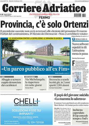 Prima pagina Corriere Adriatico (Fermo) di oggi - Quotidiano regionale