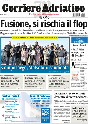 Prima pagina Corriere Adriatico (Fermo) di oggi - Quotidiano regionale