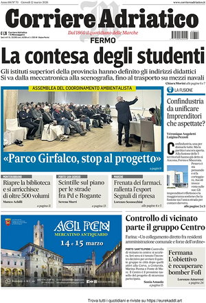 Prima pagina Corriere Adriatico (Fermo) di oggi - Quotidiano regionale