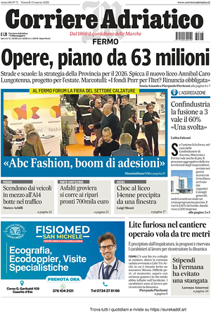 Prima pagina Corriere Adriatico (Fermo) di oggi - Quotidiano regionale