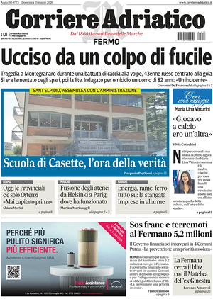 Prima pagina Corriere Adriatico (Fermo) di oggi - Quotidiano regionale