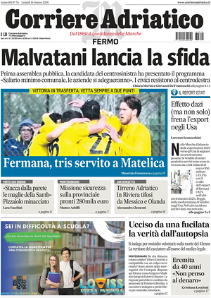 Prima pagina Corriere Adriatico (Fermo) di oggi - Quotidiano regionale