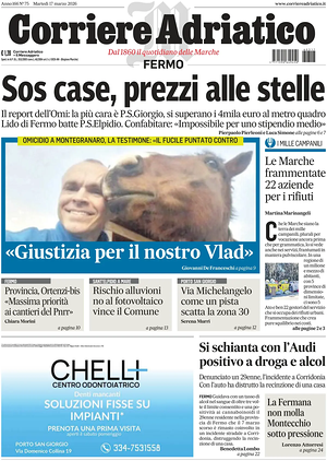 Prima pagina Corriere Adriatico (Fermo) di oggi - Quotidiano regionale