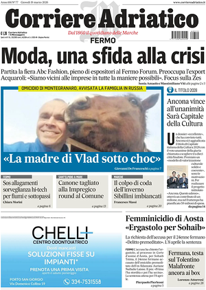 Prima pagina Corriere Adriatico (Fermo) di oggi - Quotidiano regionale