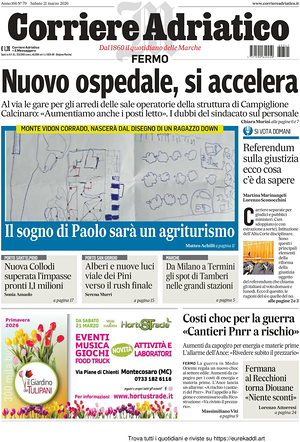 Prima pagina Corriere Adriatico (Fermo) di oggi - Quotidiano regionale