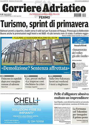 Prima pagina Corriere Adriatico (Fermo) di oggi - Quotidiano regionale