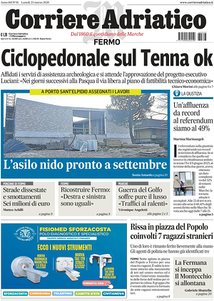 Prima pagina Corriere Adriatico (Fermo) di oggi - Quotidiano regionale