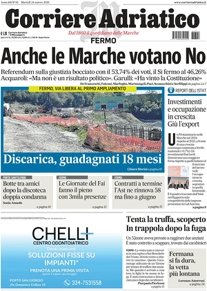 Prima pagina Corriere Adriatico (Fermo) di oggi - Quotidiano regionale