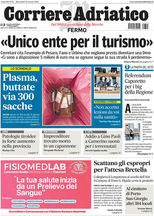 Prima pagina Corriere Adriatico (Fermo) di oggi - Quotidiano regionale