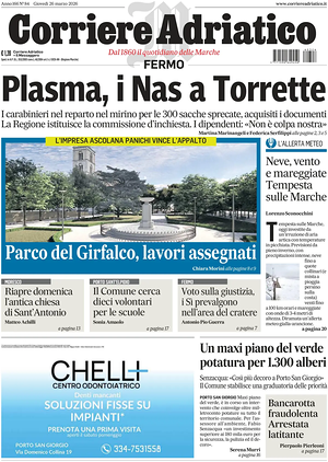 Prima pagina Corriere Adriatico (Fermo) di oggi - Quotidiano regionale