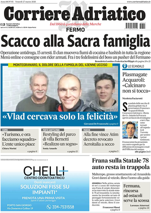 Prima pagina Corriere Adriatico (Fermo) di oggi - Quotidiano regionale