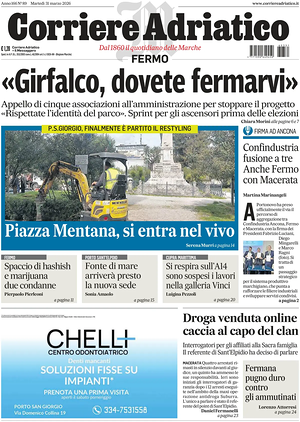 Prima pagina Corriere Adriatico (Fermo) di oggi - Quotidiano regionale