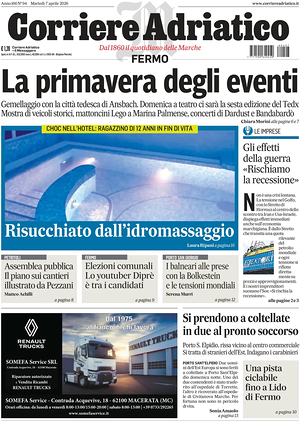 Prima pagina Corriere Adriatico (Fermo) di oggi - Quotidiano regionale