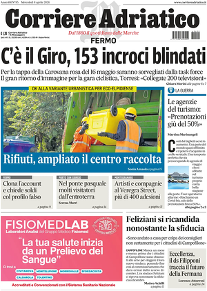 Prima pagina Corriere Adriatico (Fermo) di oggi - Quotidiano regionale