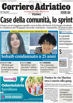 Prima pagina Corriere Adriatico (Fermo) di oggi - Quotidiano regionale