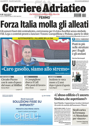 Prima pagina Corriere Adriatico (Fermo) di oggi - Quotidiano regionale