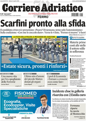 Prima pagina Corriere Adriatico (Fermo) di oggi - Quotidiano regionale