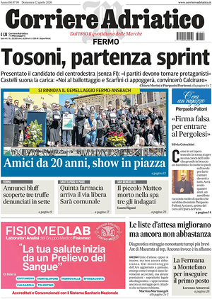 Prima pagina Corriere Adriatico (Fermo) di oggi - Quotidiano regionale