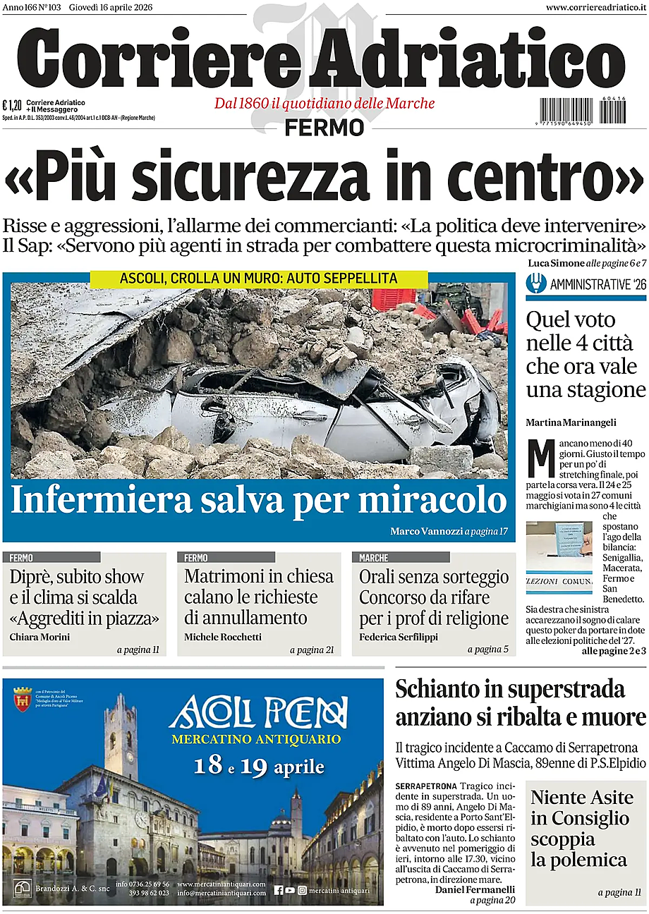 Prima pagina Corriere Adriatico (Fermo) di oggi - Edicola 16 Aprile 2026